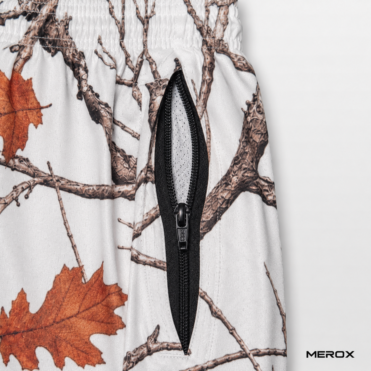 MEROX White Camo mesh shorts zipper pocket detail