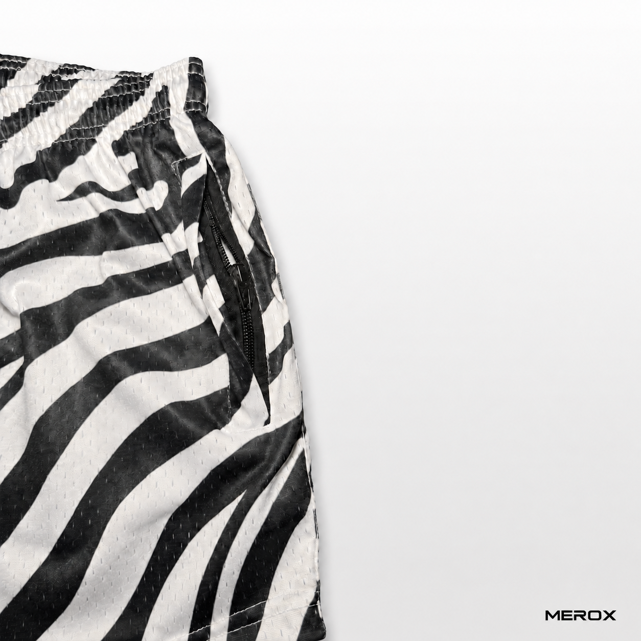 MEROX Zebra Print mesh shorts zipper detail
