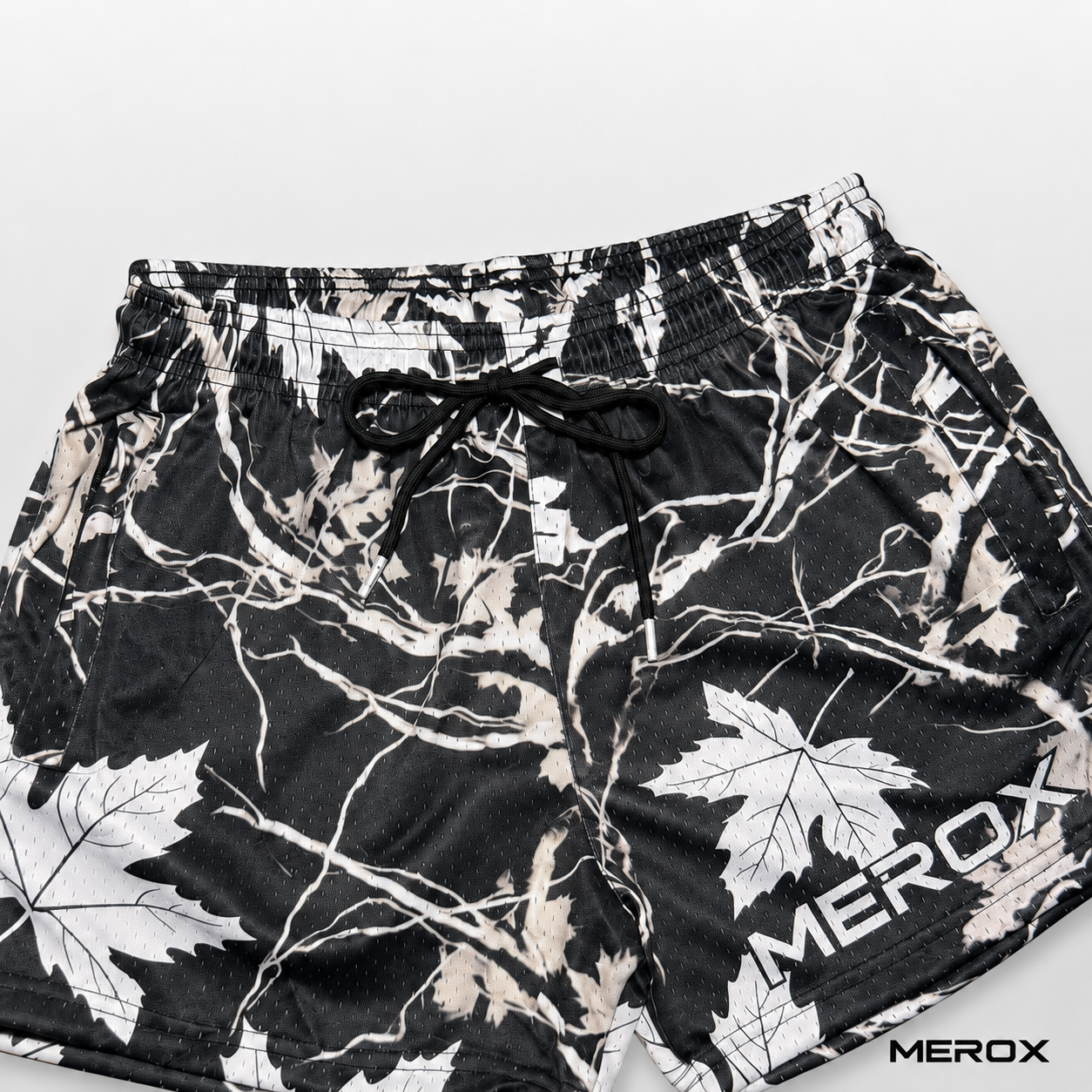 MEROX black and white maple camo mesh shorts front detail