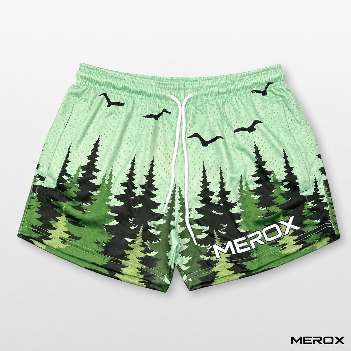 MEROX Forest Pine Tree mesh shorts detail view