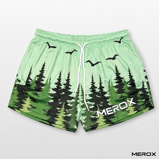 MEROX Forest Pine Tree mesh shorts detail view