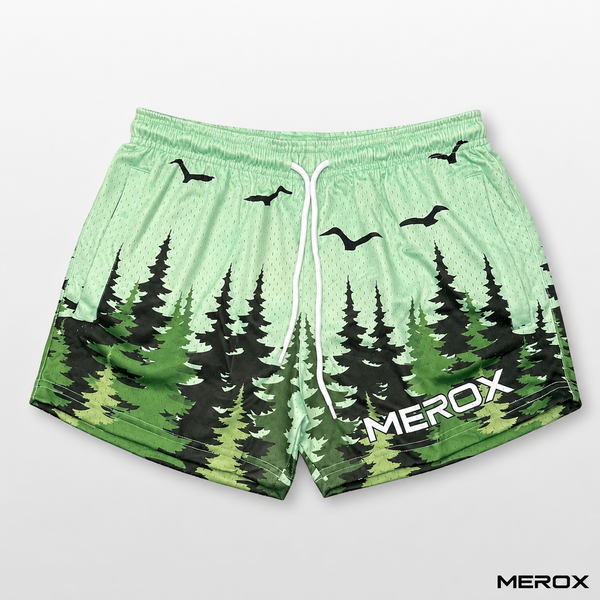 MEROX Forest Pine Tree mesh shorts detail view