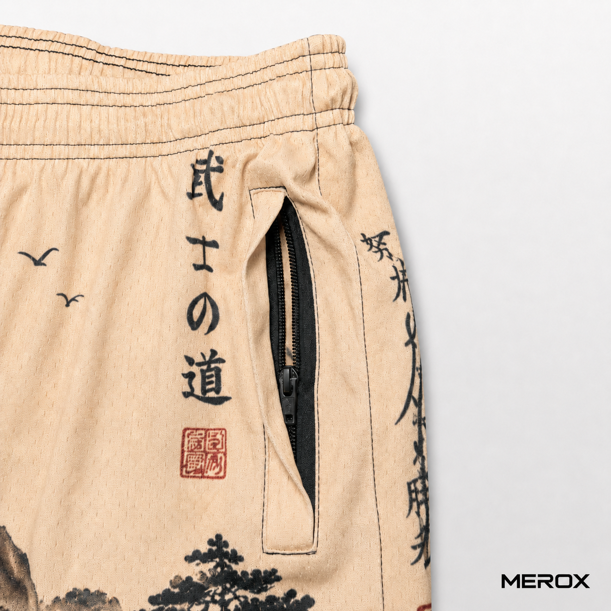 MEROX Japanese samurai mesh shorts secure zipper pocket detail