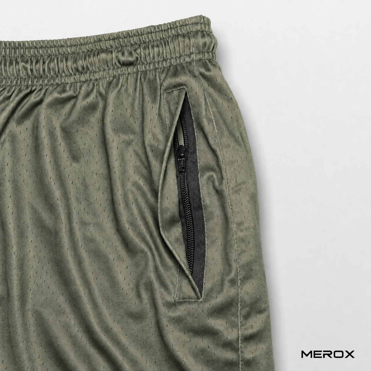 MEROX Olive Green mesh shorts zippered pocket detail