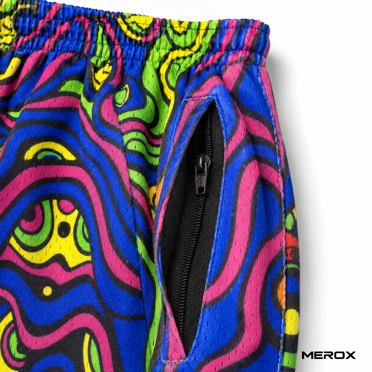 MEROX Psychedelic Rave mesh shorts zipper-pocket detail