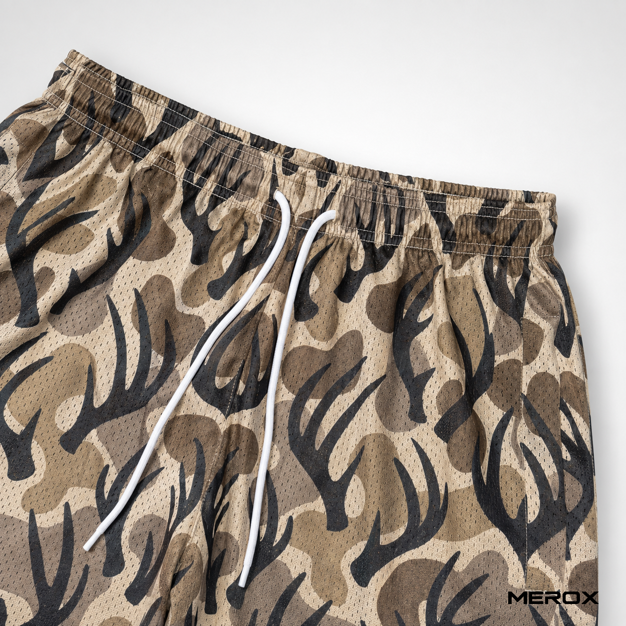 MEROX Antler Camo mesh shorts waistband and drawstring detail