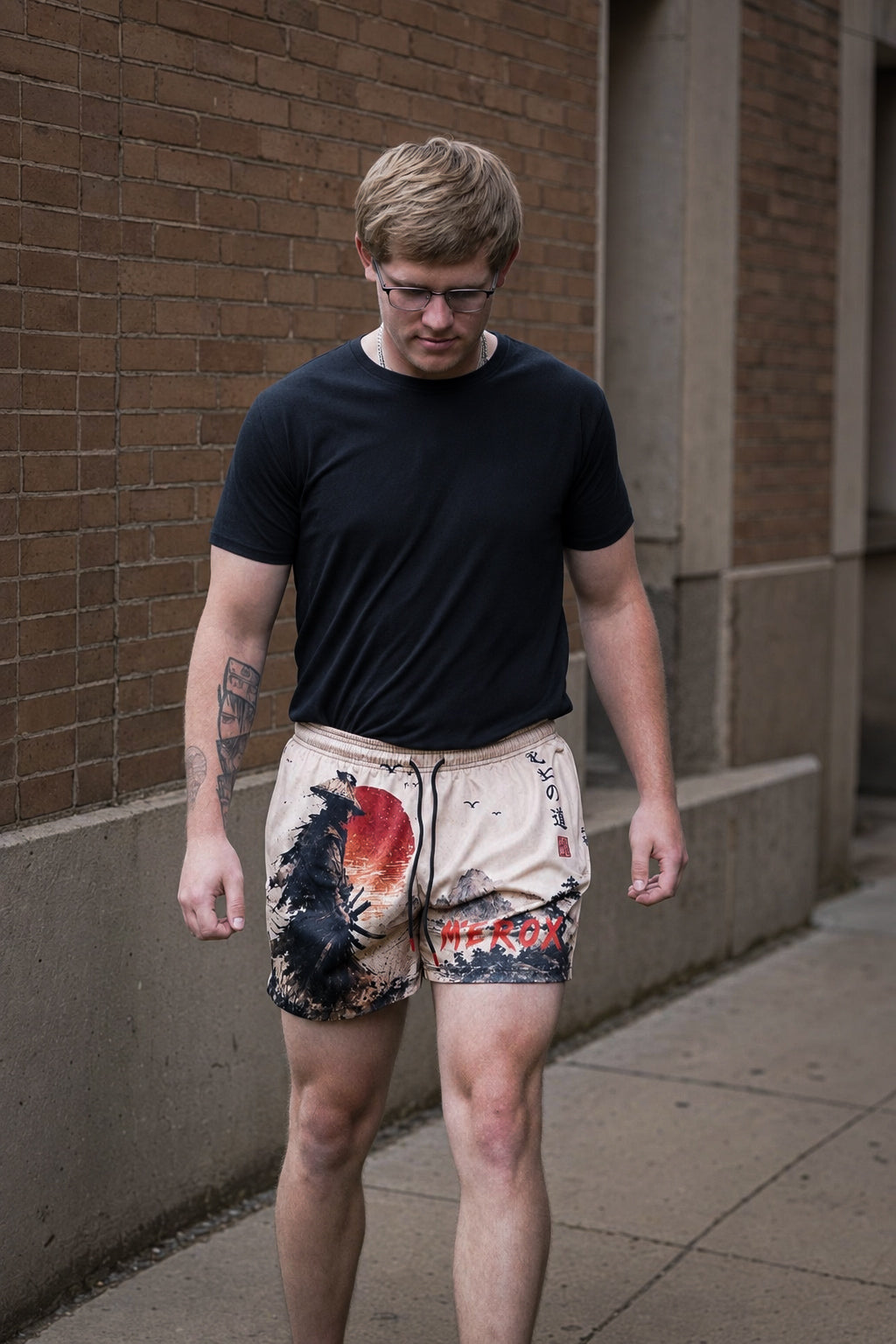 Man wearing MEROX Japanese samurai mesh gym shorts outdoors