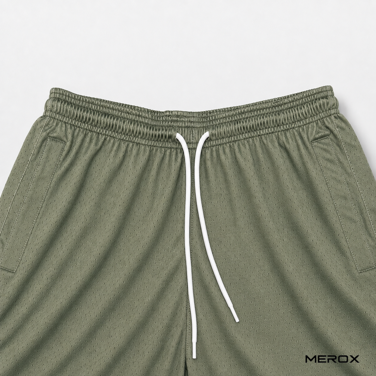 MEROX Olive Green mesh shorts elastic waistband and drawstring detail