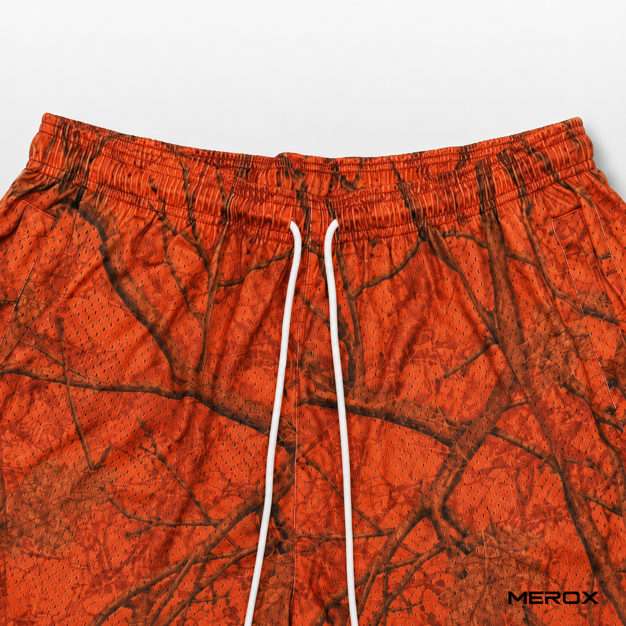 MEROX Orange Camo mesh shorts waistband and drawstring detail