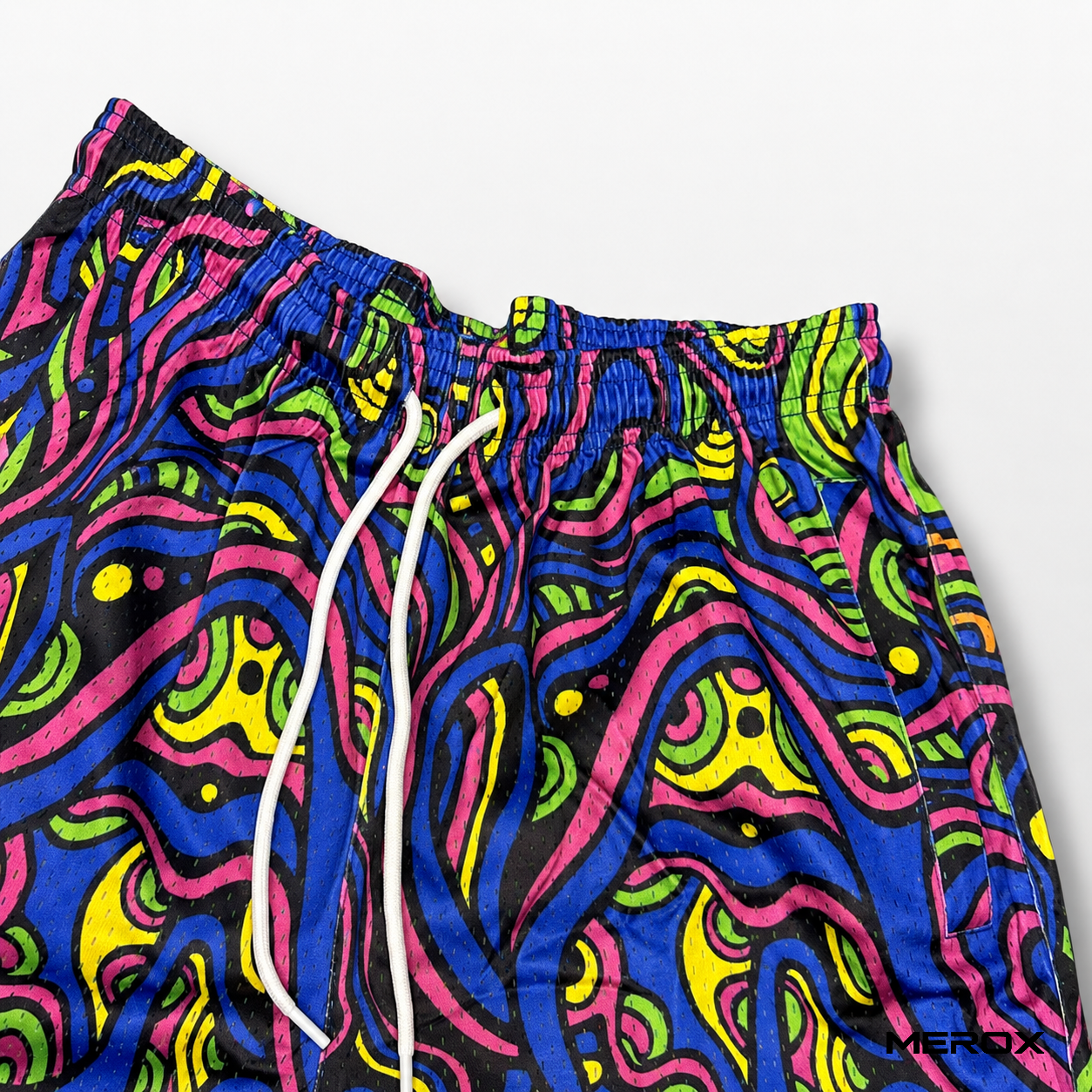 MEROX Psychedelic Rave mesh shorts elastic waistband and drawstring detail