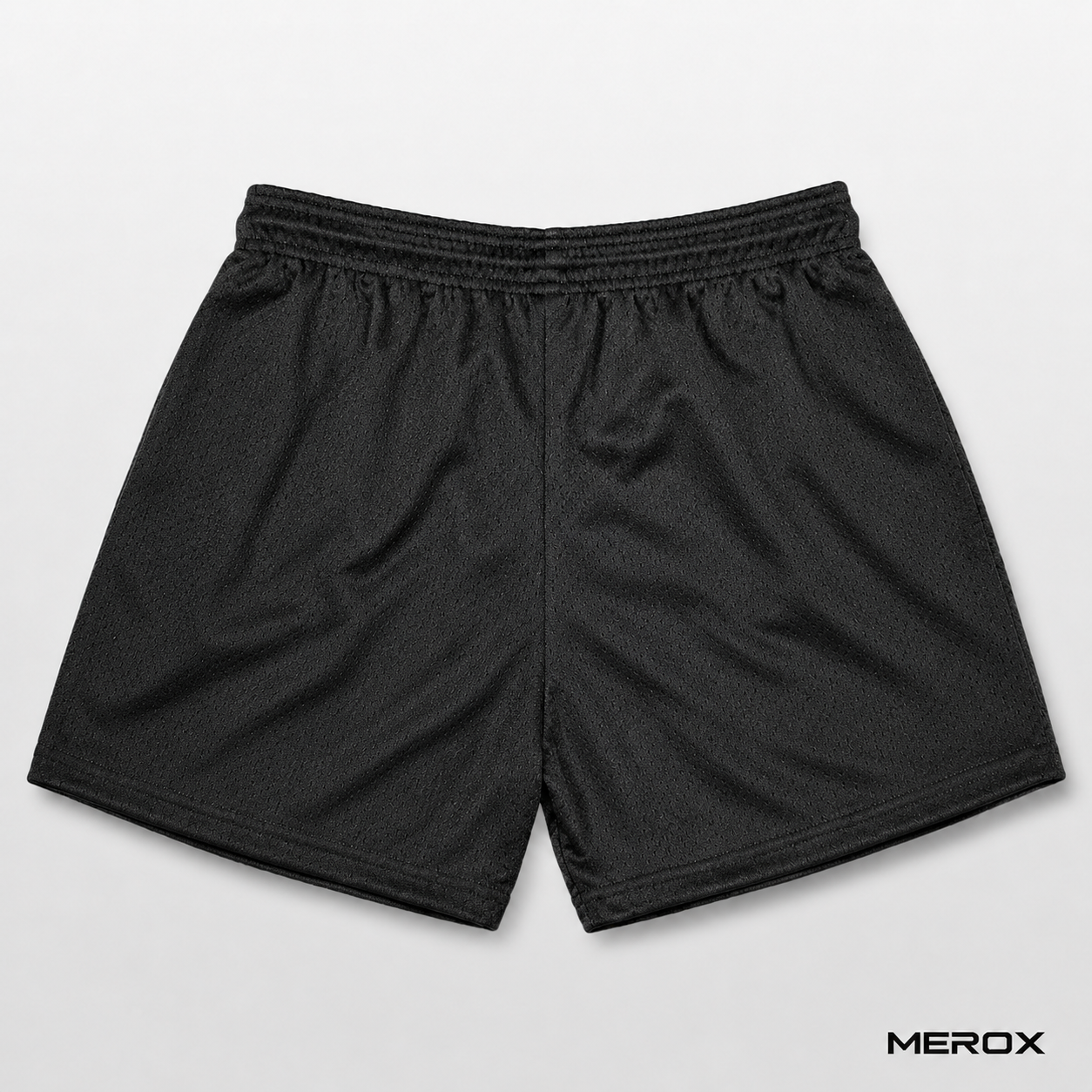 MEROX Solid Black mesh shorts close-up view
