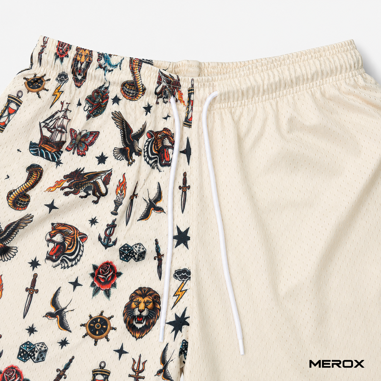 Elastic waistband and drawstring detail on MEROX mesh shorts