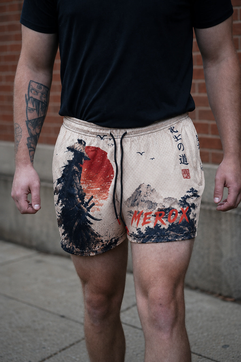 Front lifestyle view of MEROX Japanese samurai athletic mesh shorts
