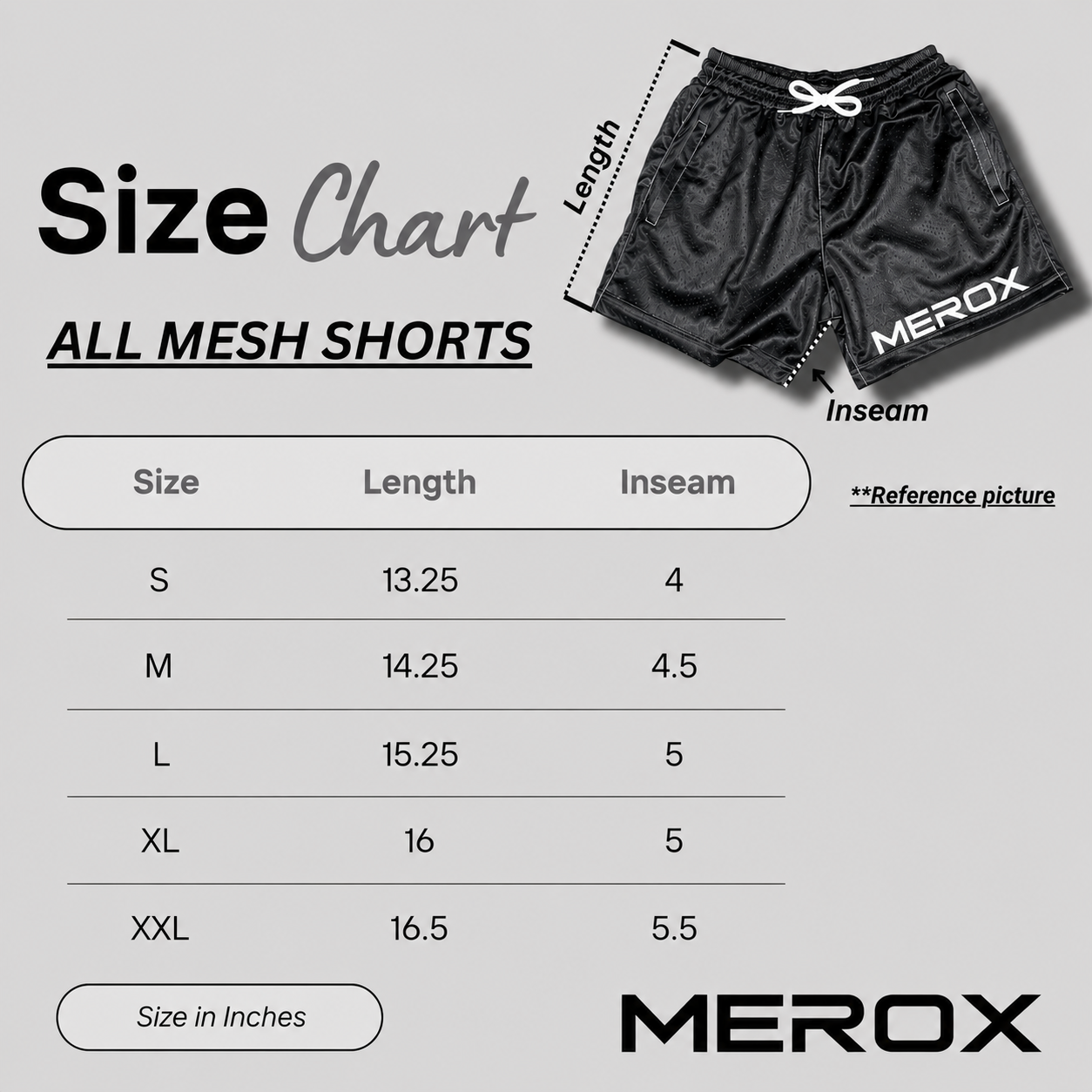 MEROX unisex 5-inch mesh shorts size chart
