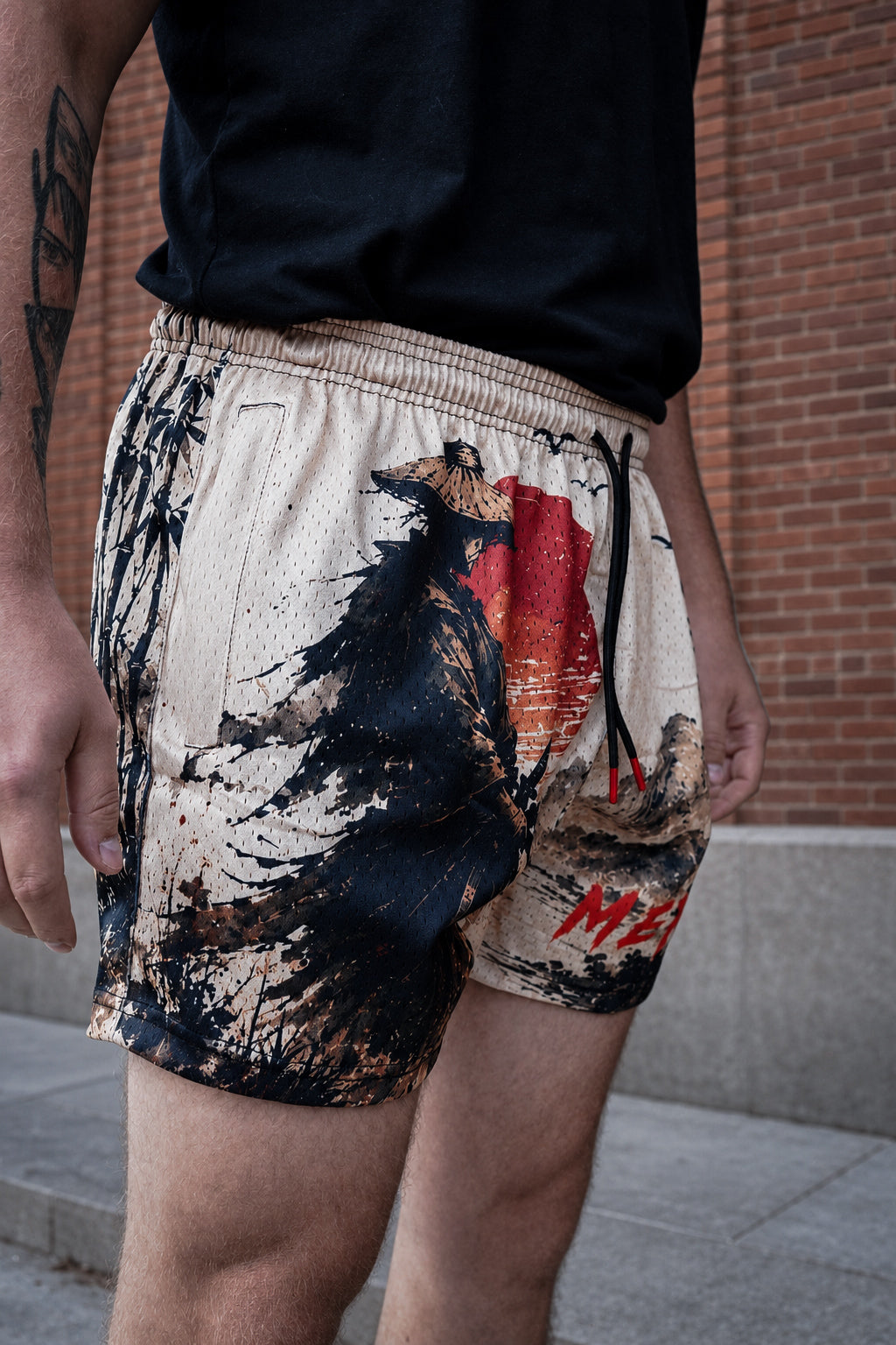 Close lifestyle view of MEROX Japanese samurai mesh shorts and black drawstring