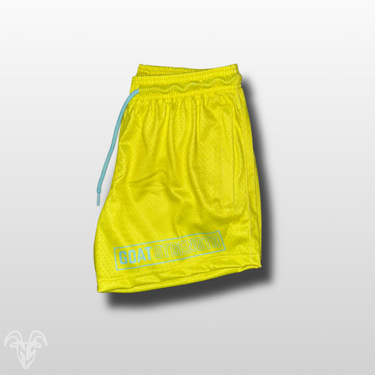 Goat Strength 5” Inseam Mesh Shorts – Solid Yellow with Electric Blue Logo – Athletic Workout Shorts W/ Zipper Pockets