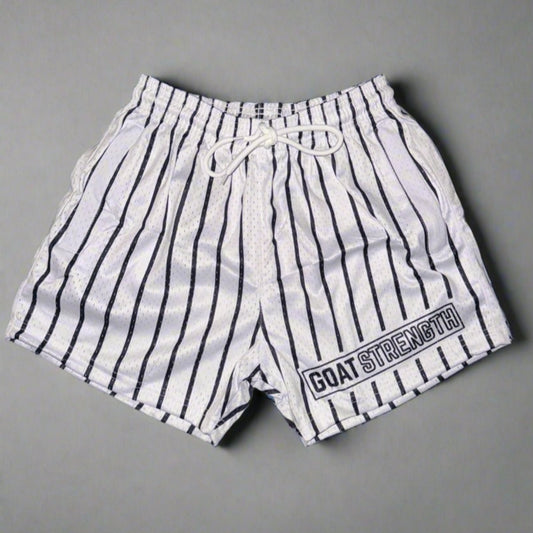 Goat Strength - Men’s 5 inch inseam shorts - Mesh athletic White Pinstripe shorts - Baseball Pinstripe design shorts - Zipper pockets - Men's Shorts