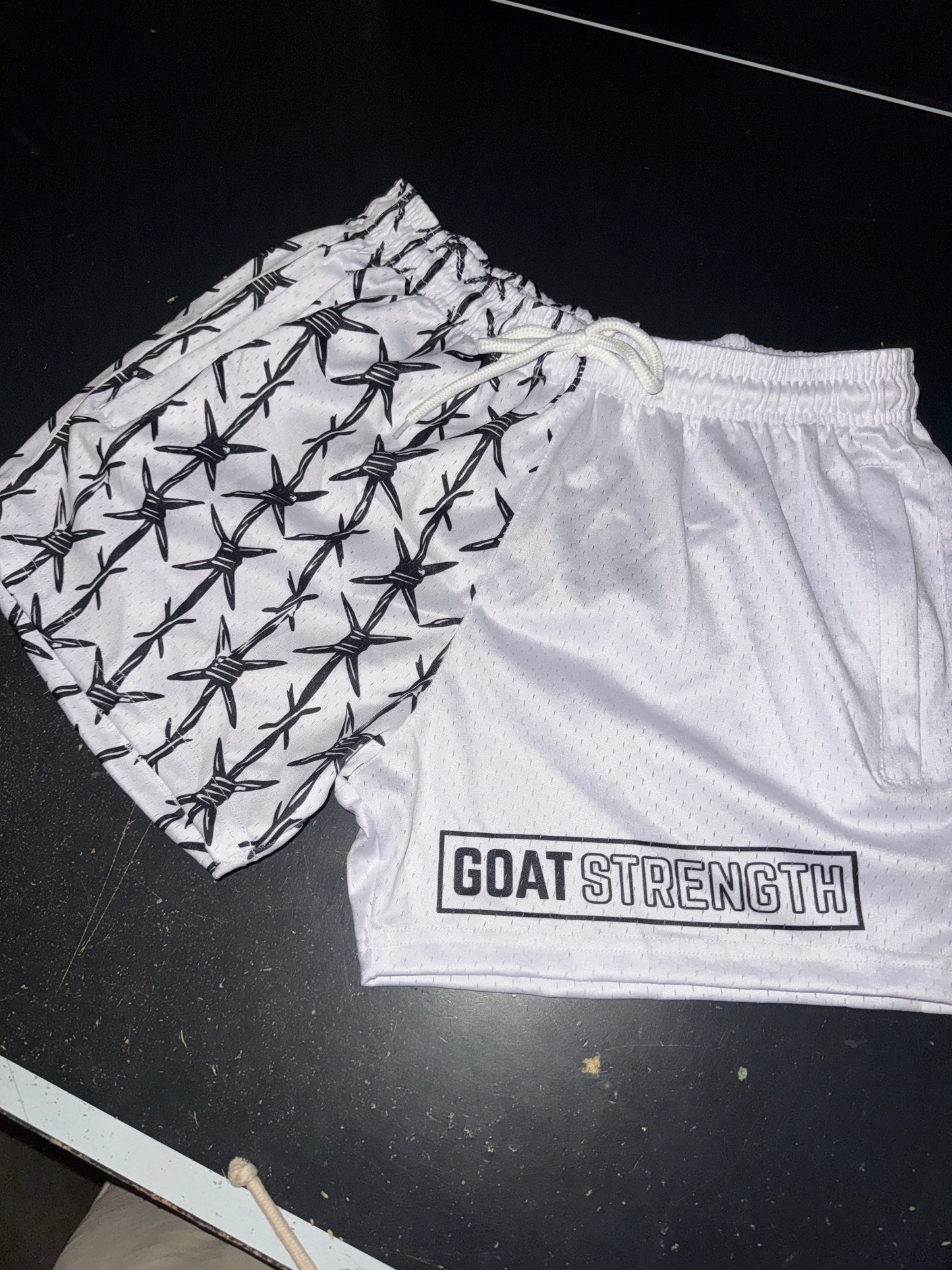 Goat Strength Half Barbed Wire Half White Shorts - 5 Inch Inseam, Breathable Elastic Workout Gym camouflage Shorts - Zipper Pockets outfits workout fit