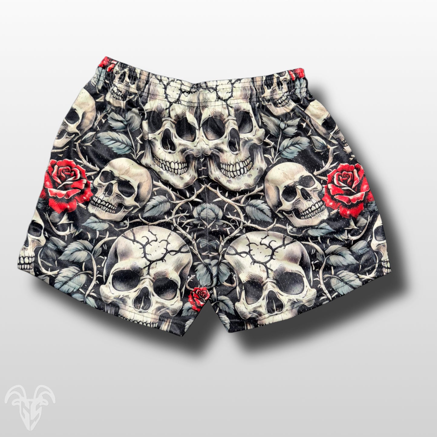 Skull and Roses Design Mesh Gym Shorts - 5 inch inseam shorts- Zipper Pockets