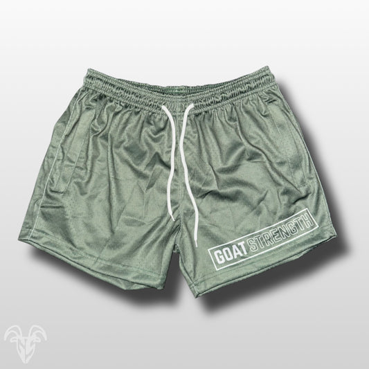 Goat Strength Olive Green Mesh Athletic Shorts – 5” Inseam with Zipper Pockets