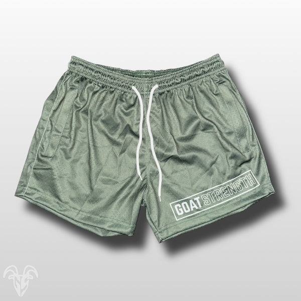 Goat Strength Olive Green mesh shorts front - final stock