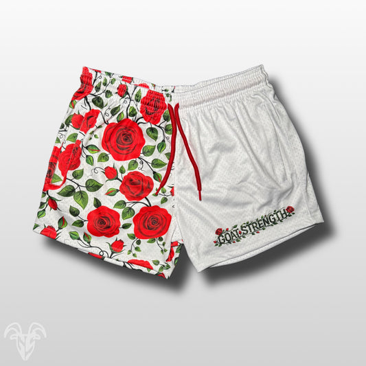 Goat Strength 5” Inseam Mesh Shorts – Split Rose Design – Unisex Athletic Workout Shorts with Zipper Pockets