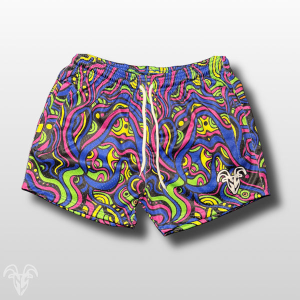 Goat Strength Psychedelic Rave mesh shorts front