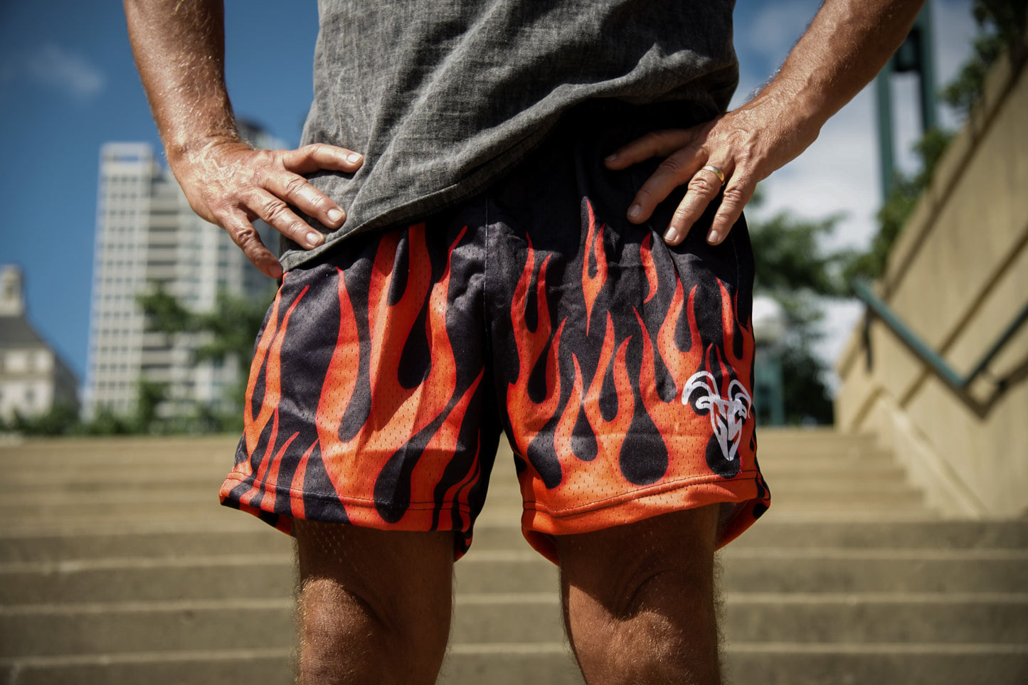 Goat Strength 5" Inseam Mesh Shorts - Black with Orange Flame Themed Design - Athletic stretchy material breathable for workouts or just casual wear