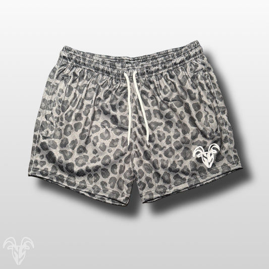 Goat Strength Dark Leopard Print Mesh Shorts – 5” Inseam Athletic Shorts with Zipper Pockets for Gym, Pickleball, Running & Everyday Wear