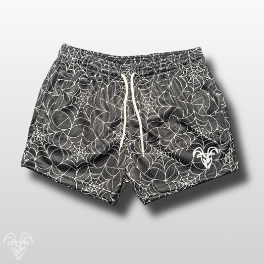 Goat Strength Spider Web Mesh Shorts – Halloween 5” Inseam Athletic Shorts with Zipper Pockets