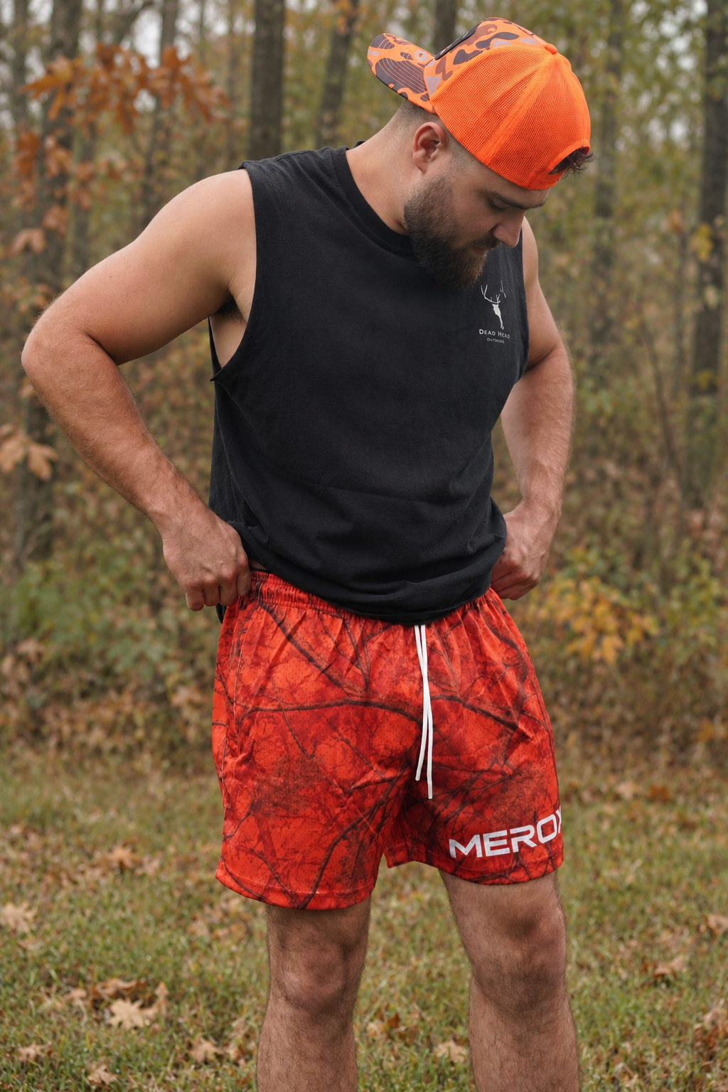 MEROX Orange Camo 5-Inch Mesh Shorts – Unisex Athletic Shorts with Zipper Pockets