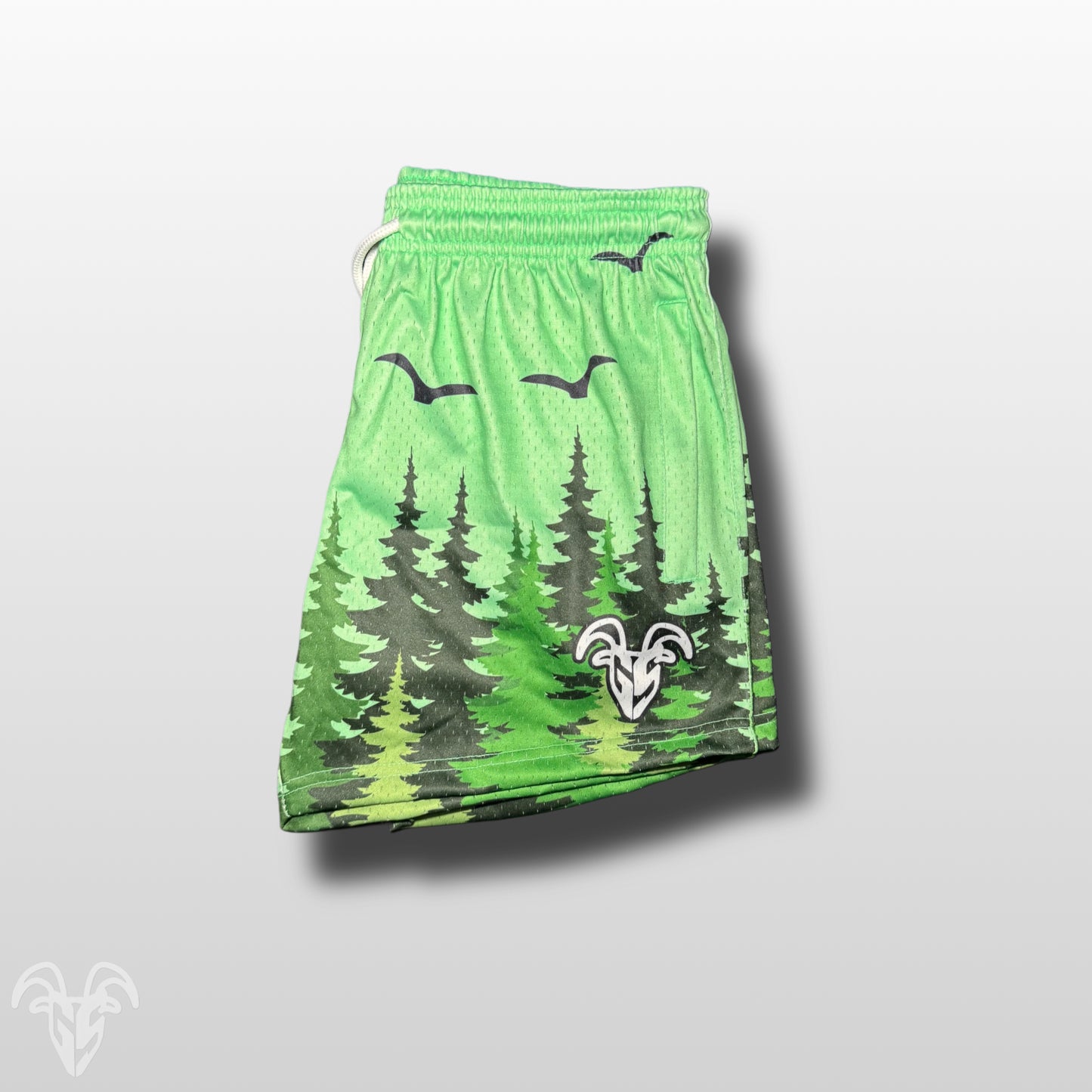 Goat Strength 5” Inseam Mesh Shorts – Forest Pine Tree Design – Unisex Athletic Workout Shorts with Zipper Pockets