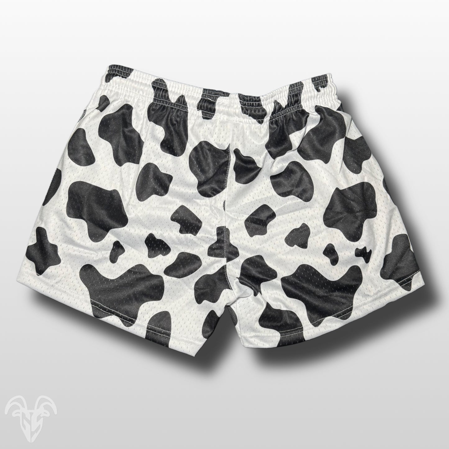 Goat Strength 5” Inseam Mesh Shorts – Black & White Cow Print – Athletic Workout Shorts with Zipper Pockets