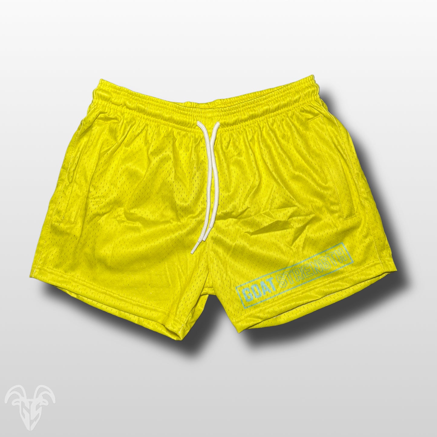Goat Strength 5” Inseam Mesh Shorts – Solid Yellow with Electric Blue Logo – Athletic Workout Shorts W/ Zipper Pockets