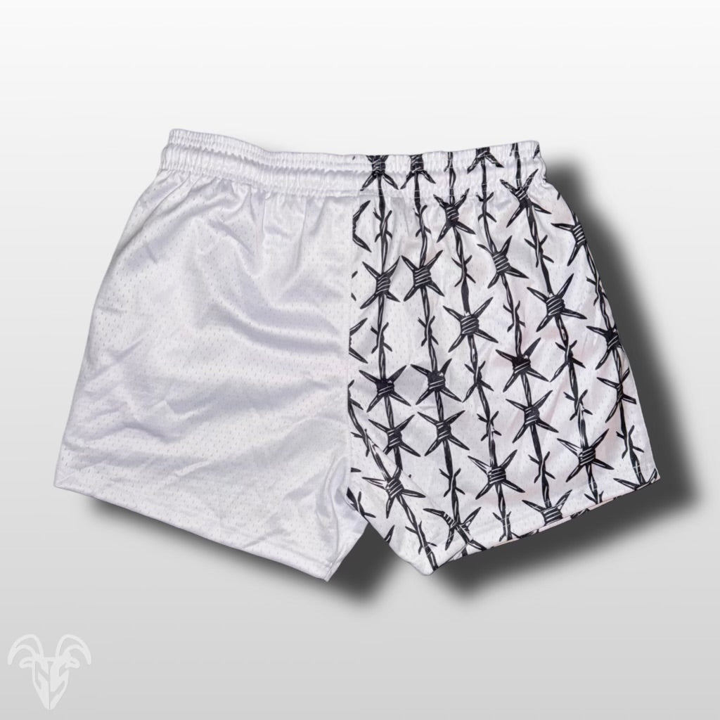 Goat Strength Half Barbed Wire Half White Shorts - 5 Inch Inseam, Breathable Elastic Workout Gym camouflage Shorts - Zipper Pockets outfits workout fit