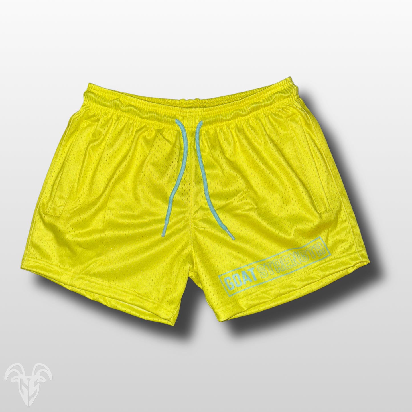 Goat Strength 5” Inseam Mesh Shorts – Solid Yellow with Electric Blue Logo – Athletic Workout Shorts W/ Zipper Pockets