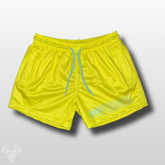 Goat Strength 5” Inseam Mesh Shorts – Solid Yellow with Electric Blue Logo – Athletic Workout Shorts W/ Zipper Pockets