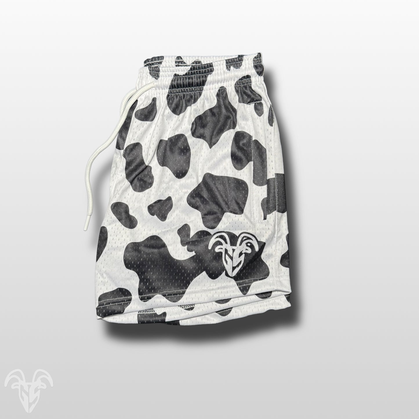 Goat Strength 5” Inseam Mesh Shorts – Black & White Cow Print – Athletic Workout Shorts with Zipper Pockets