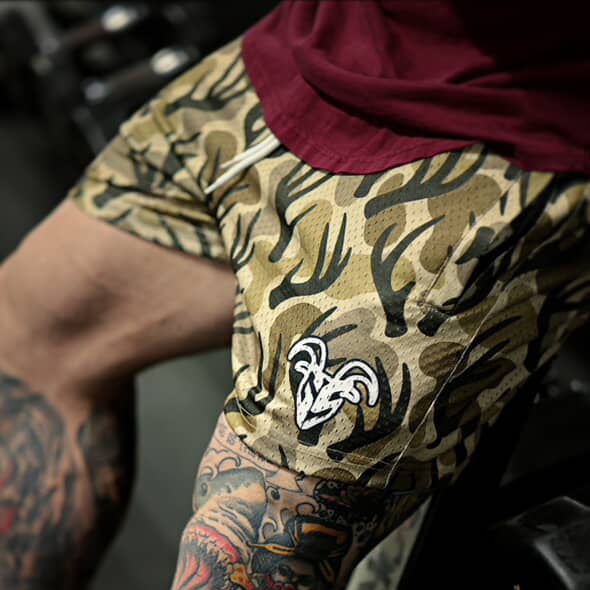 Goat Strength Antler Camo / Duck Camouflage  Athletic Mesh Shorts – 5” Inseam with Zipper Pockets