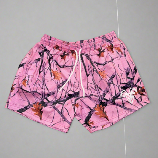 Unisex Goat Strength Shorts - 5 inch inseam - Pink Camo