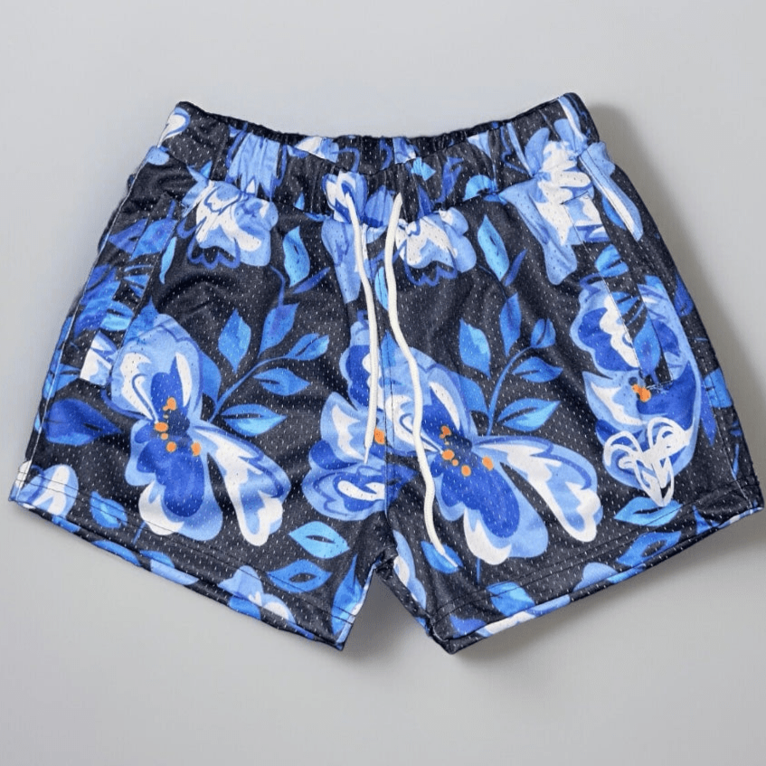 Blue Floral Design - 5 Inch Inseam Mesh Shorts - Gym Shorts With Zipper Pockets