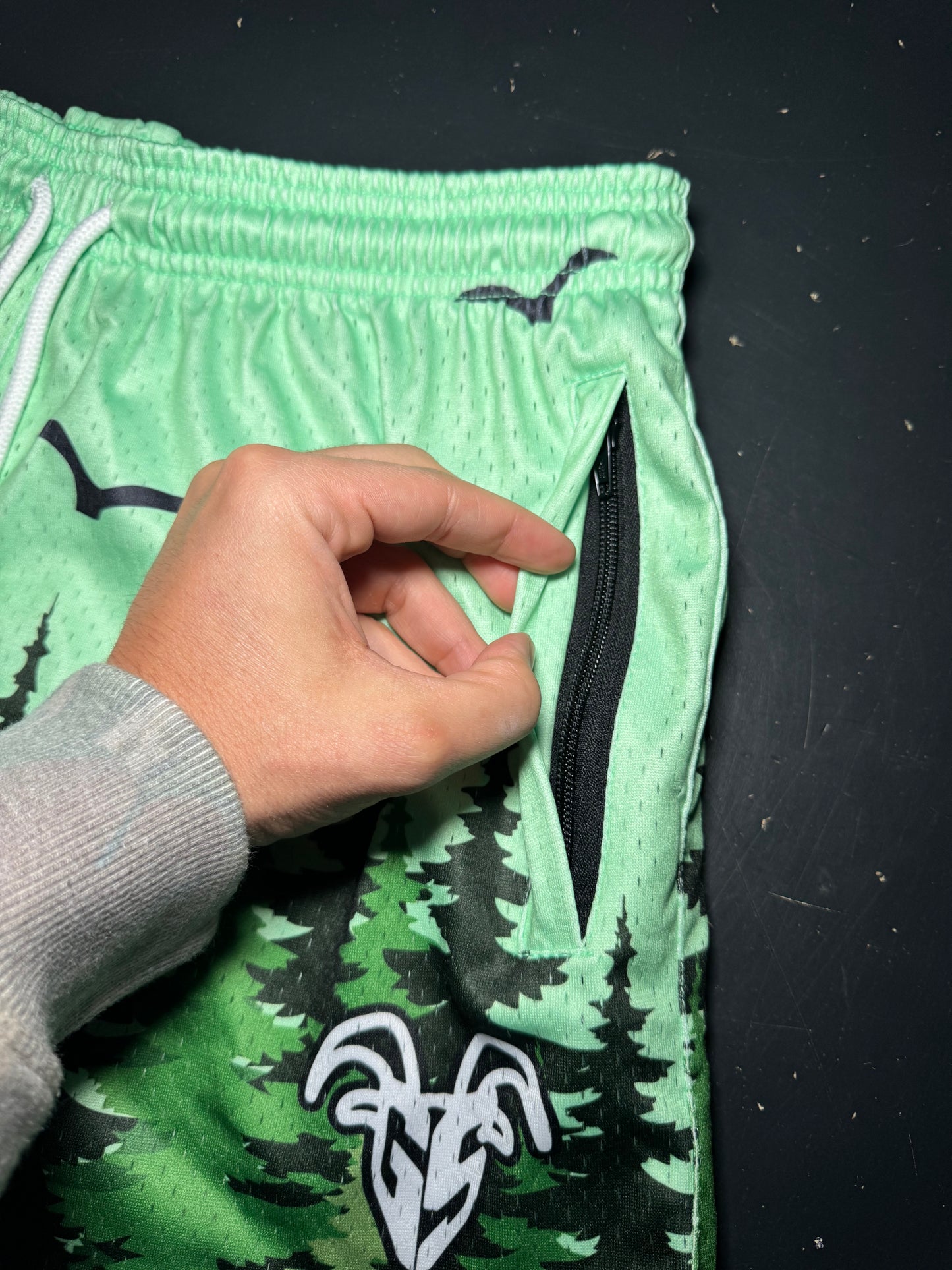 Goat Strength 5” Inseam Mesh Shorts – Forest Pine Tree Design – Unisex Athletic Workout Shorts with Zipper Pockets