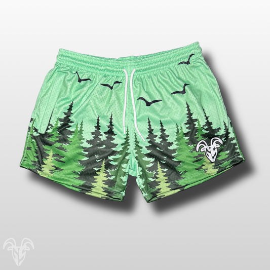 Goat Strength 5” Inseam Mesh Shorts – Forest Pine Tree Design – Unisex Athletic Workout Shorts with Zipper Pockets