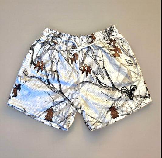 Goat Strength 5 inch inseam arctic Camo shorts | Snow Camo gym shorts | realistic white Camouflage  athletic shorts - Zipper pockets - Men's Shorts