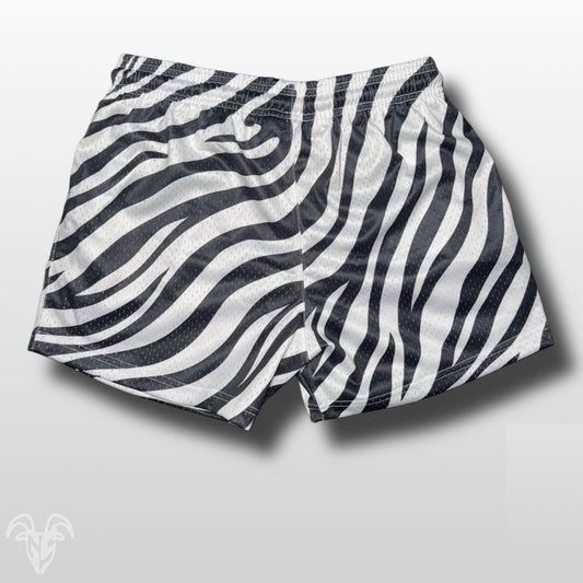 Goat Strength Zebra Print 5” Inseam Mesh Shorts – Unisex Athletic Workout Shorts with Zipper Pockets
