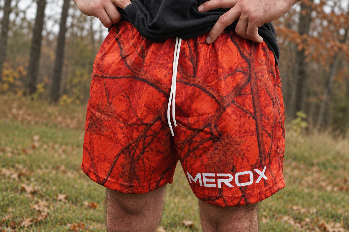 MEROX Orange Camo 5-Inch Mesh Shorts – Unisex Athletic Shorts with Zipper Pockets