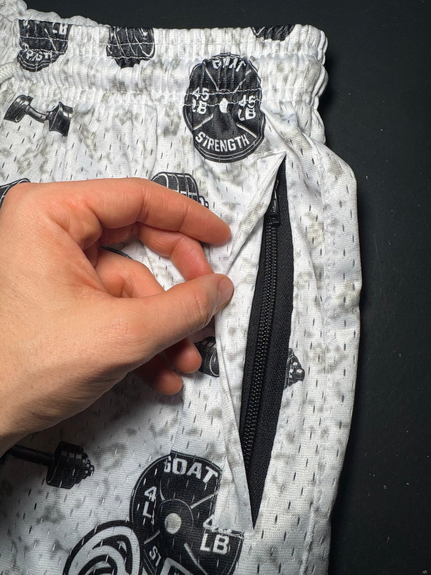 5” Inseam Mesh Shorts – Plate & Barbell Pattern – Unisex Athletic Workout Shorts