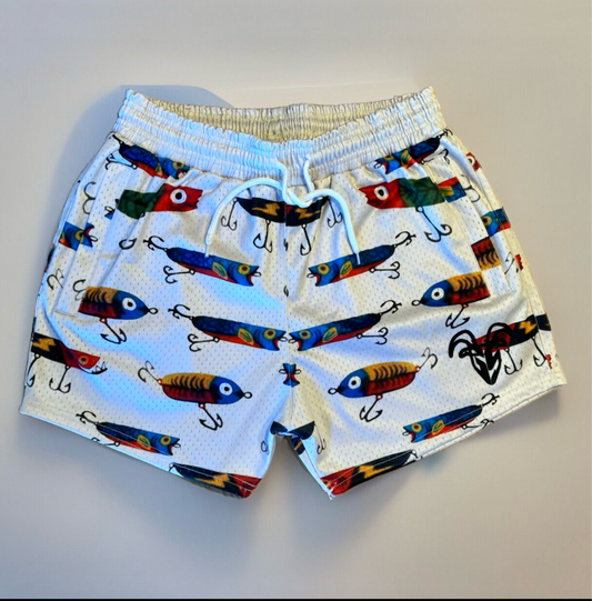 Goat Strength - Men’s 5 inch inseam shorts - Mesh athletic Fishing design shorts - Fishing lure design shorts - Zipper pockets - Men's Shorts