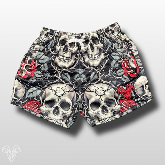 Skull and Roses Design Mesh Gym Shorts - 5 inch inseam shorts- Zipper Pockets