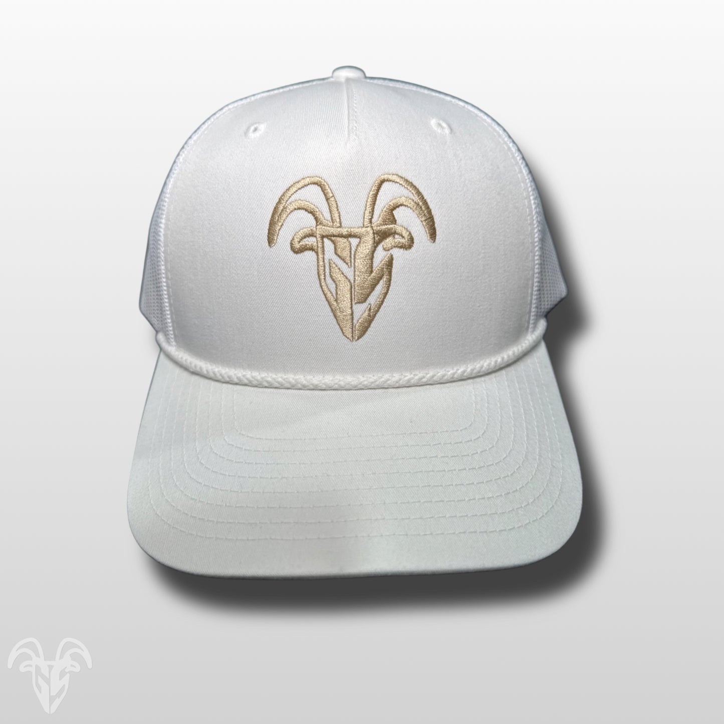 Goat Strength Embroidered Rope WHITE Mesh Trucker Hat – Pre Curved, Mid-Height Pinch Front, Cotton Twill Snapback